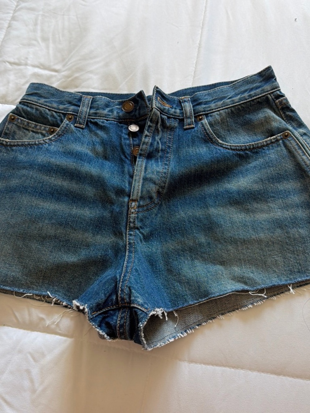 Saint Laurent Distressed Mid-Blue Denim Cutoff Shorts